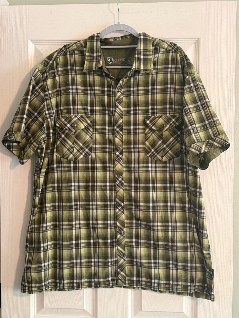 Kuhl Men’s Olive and Black Plaid Short-Sleeve Snap Button Shirt